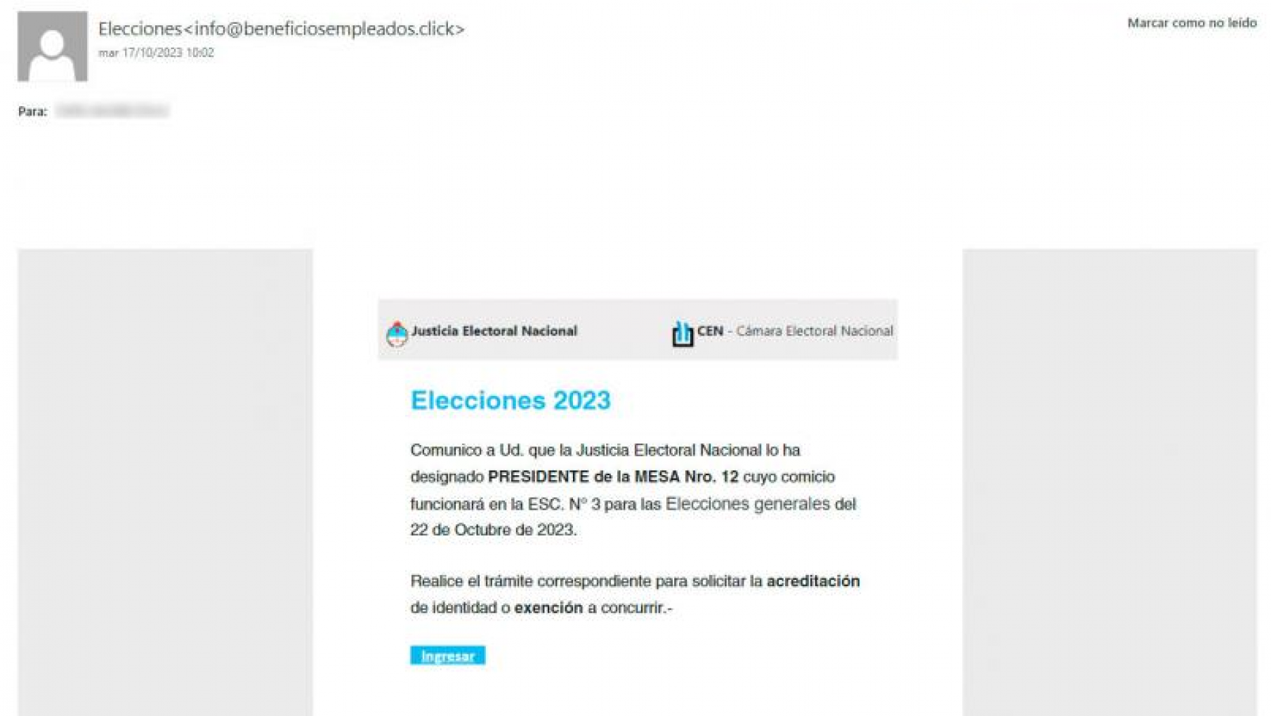 Falsos mails convocando a ser presidente de mesa: la citación real es por telegrama