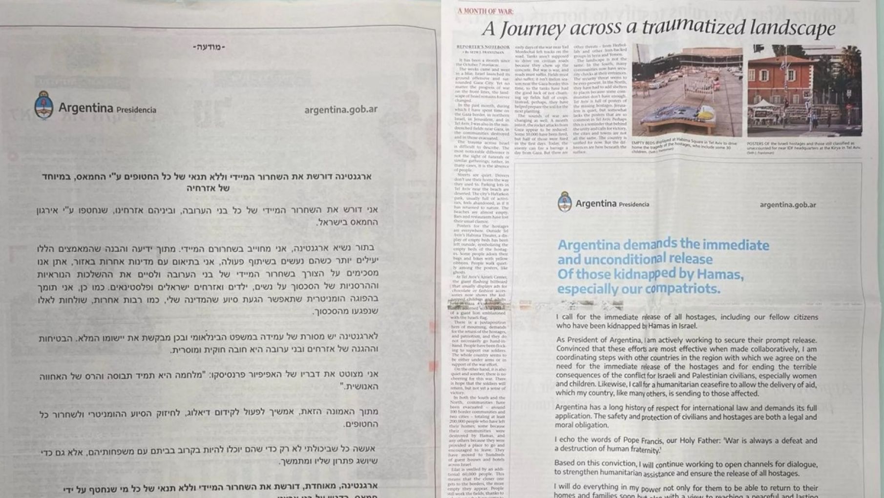 El Gobierno publicó una solicitada en medios de Israel exigiendo la liberación de los secuestrados por Hamás