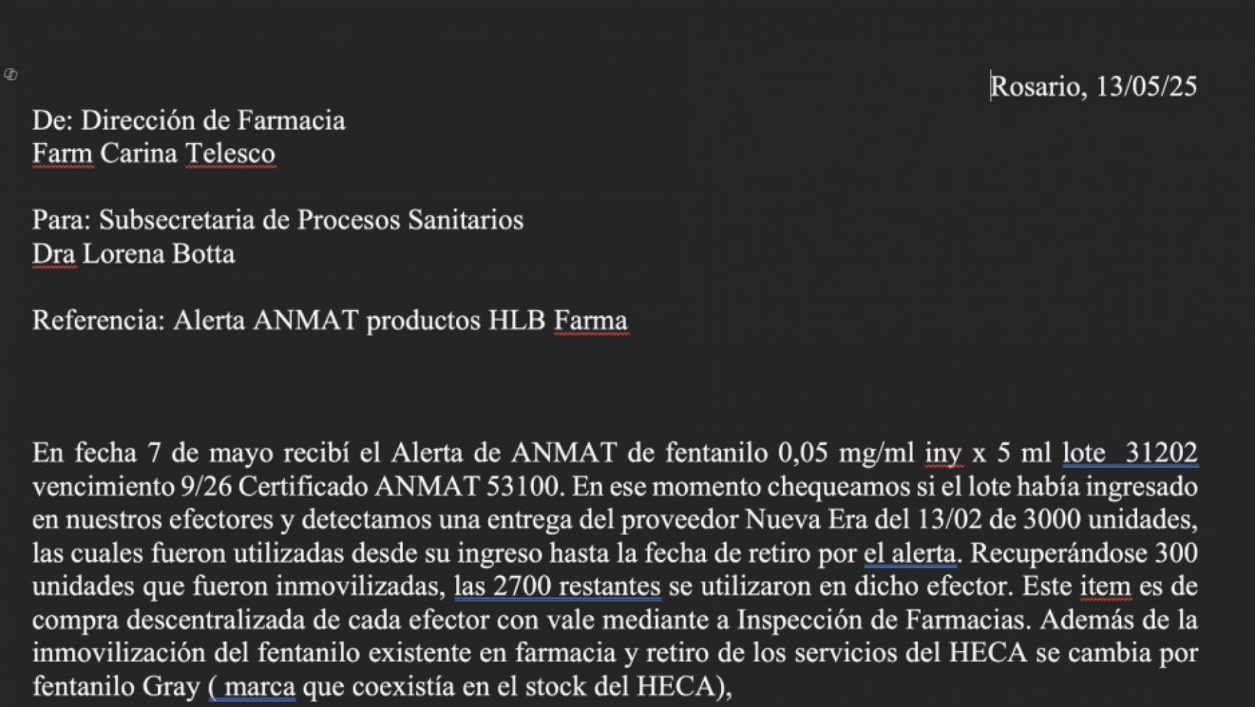 El documento que revela que Rosario detectó el fentanilo contaminado en febrero y la Anmat no hizo nada hasta mayo