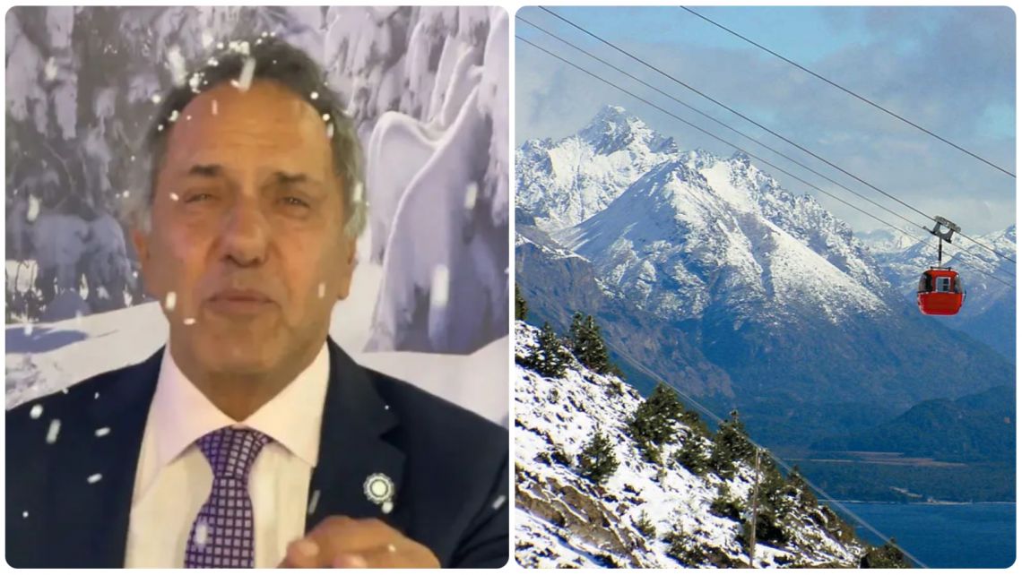 Para promocionar Bariloche, Scioli se tiró nieve artificial en la cara y el video se volvió viral